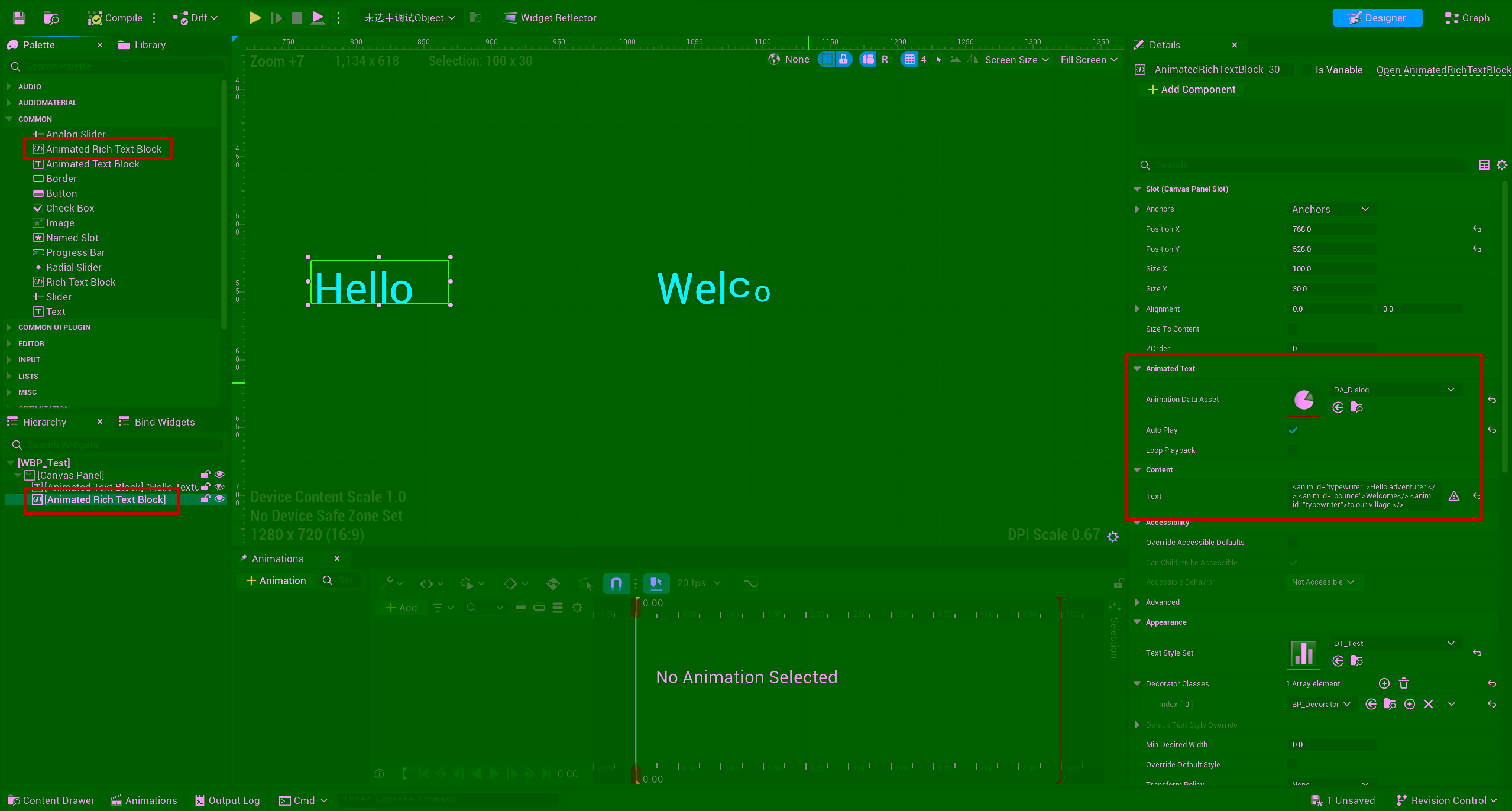 UMG Designer showing Animated Rich Text Block Details panel
