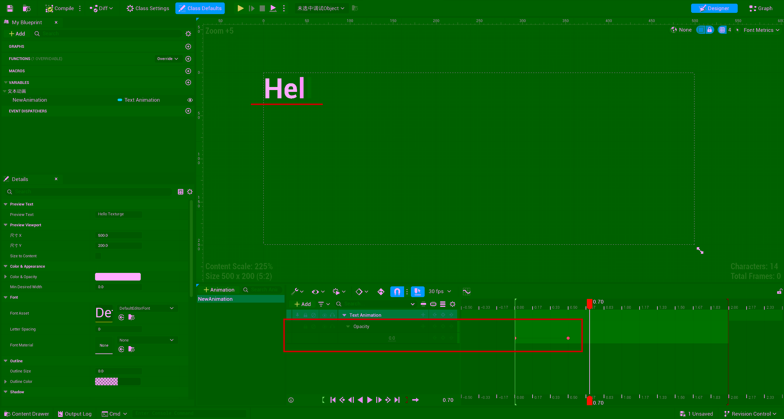 Opacity track curve in the Animation Blueprint Editor showing the inverted reveal effect