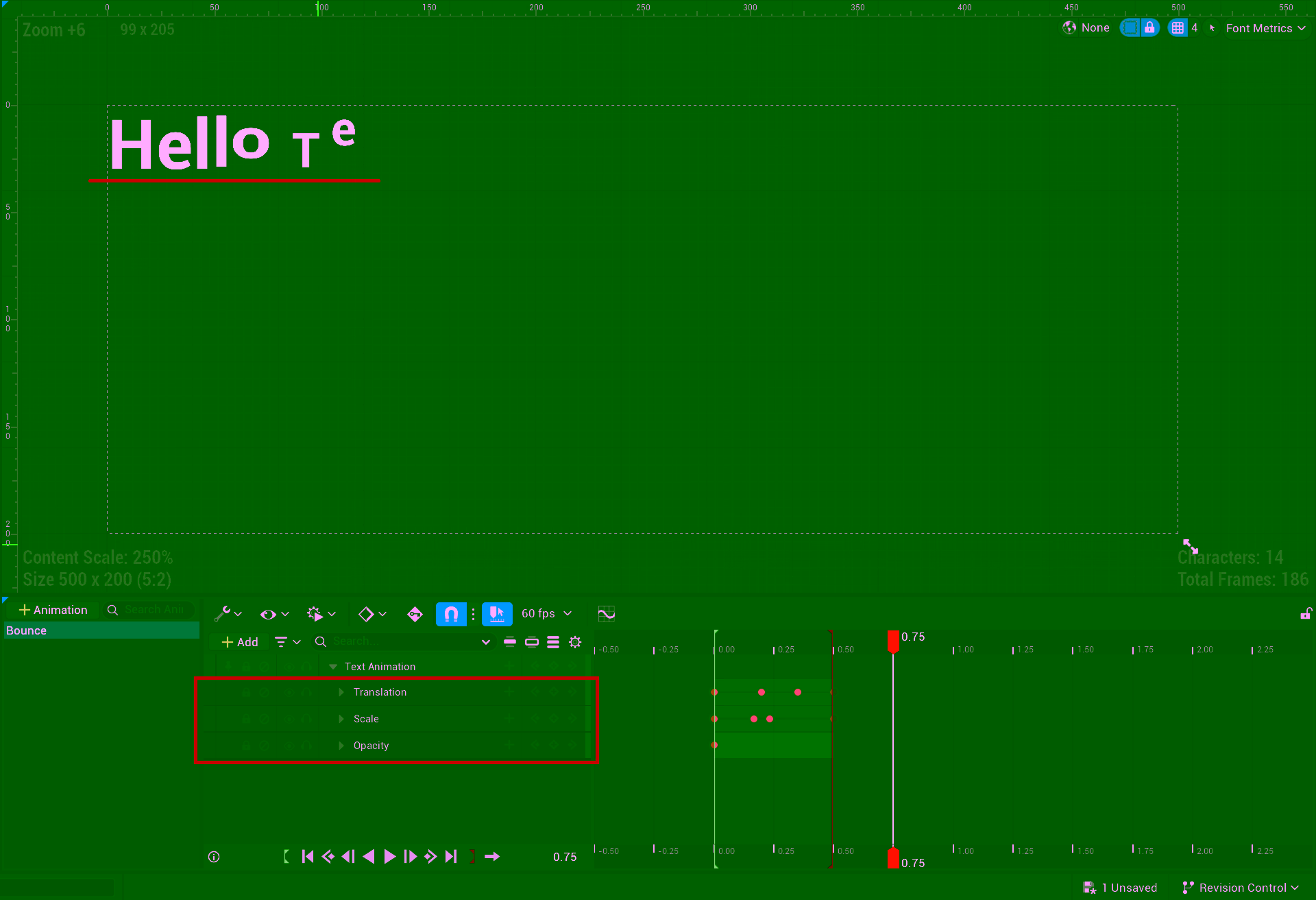 TABP_Our_BounceIn Animation Blueprint: three tracks (Opacity/Translation/Scale) in the Sequencer triggering per-character bounce-in