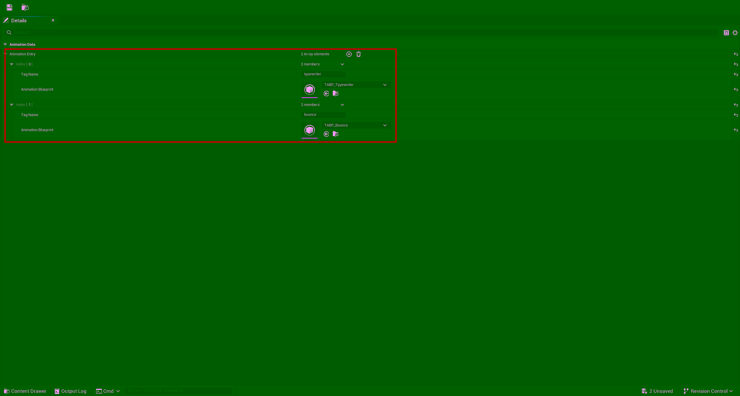 DA_Dialog Data Asset Details panel: Entries array showing typewriter and bounce tag-to-blueprint mappings